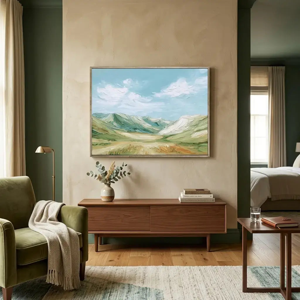 Living room with a painting of a landscape on the wall, a wooden coffee table, and a green armchair.