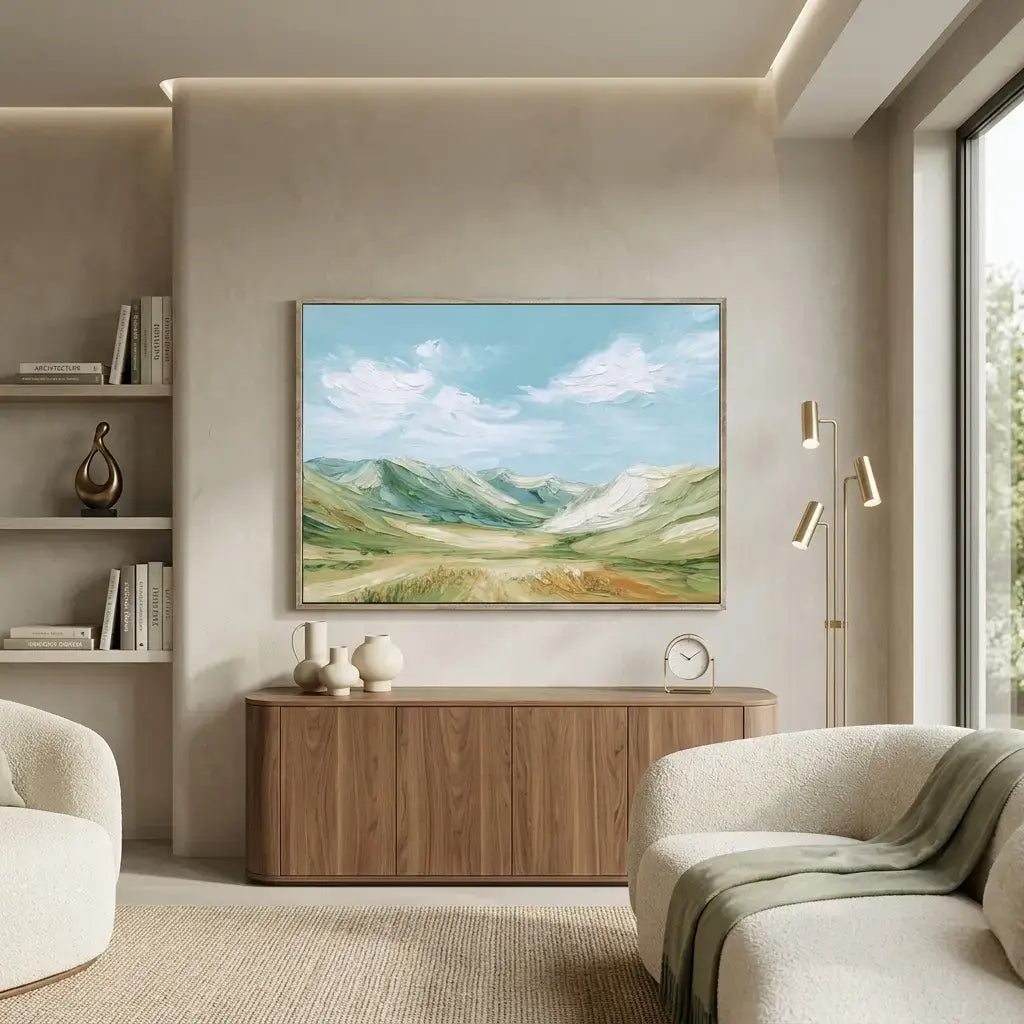 Modern living room with a landscape painting on the wall, wooden cabinet, and comfortable furniture.
