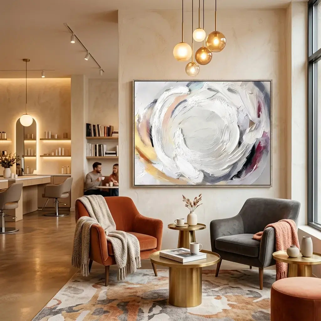 Modern living room with abstract art, comfortable chairs, and decorative elements.