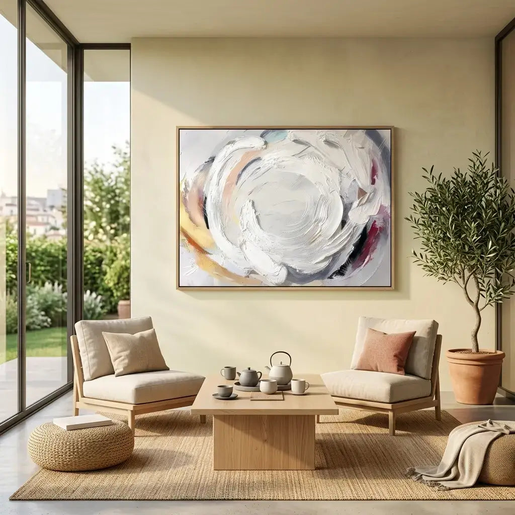 Modern living room with abstract art, furniture, and plants.