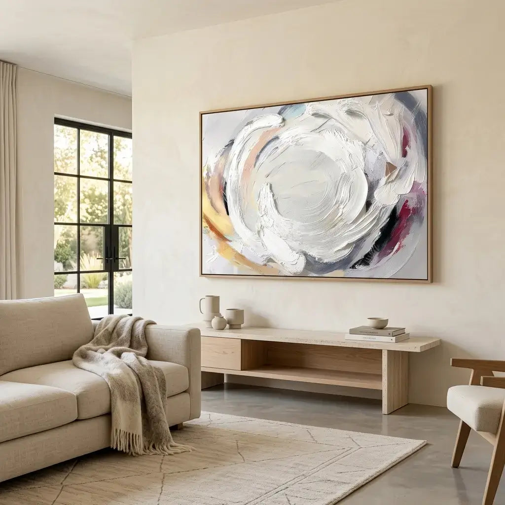 Modern living room with a large abstract painting on the wall