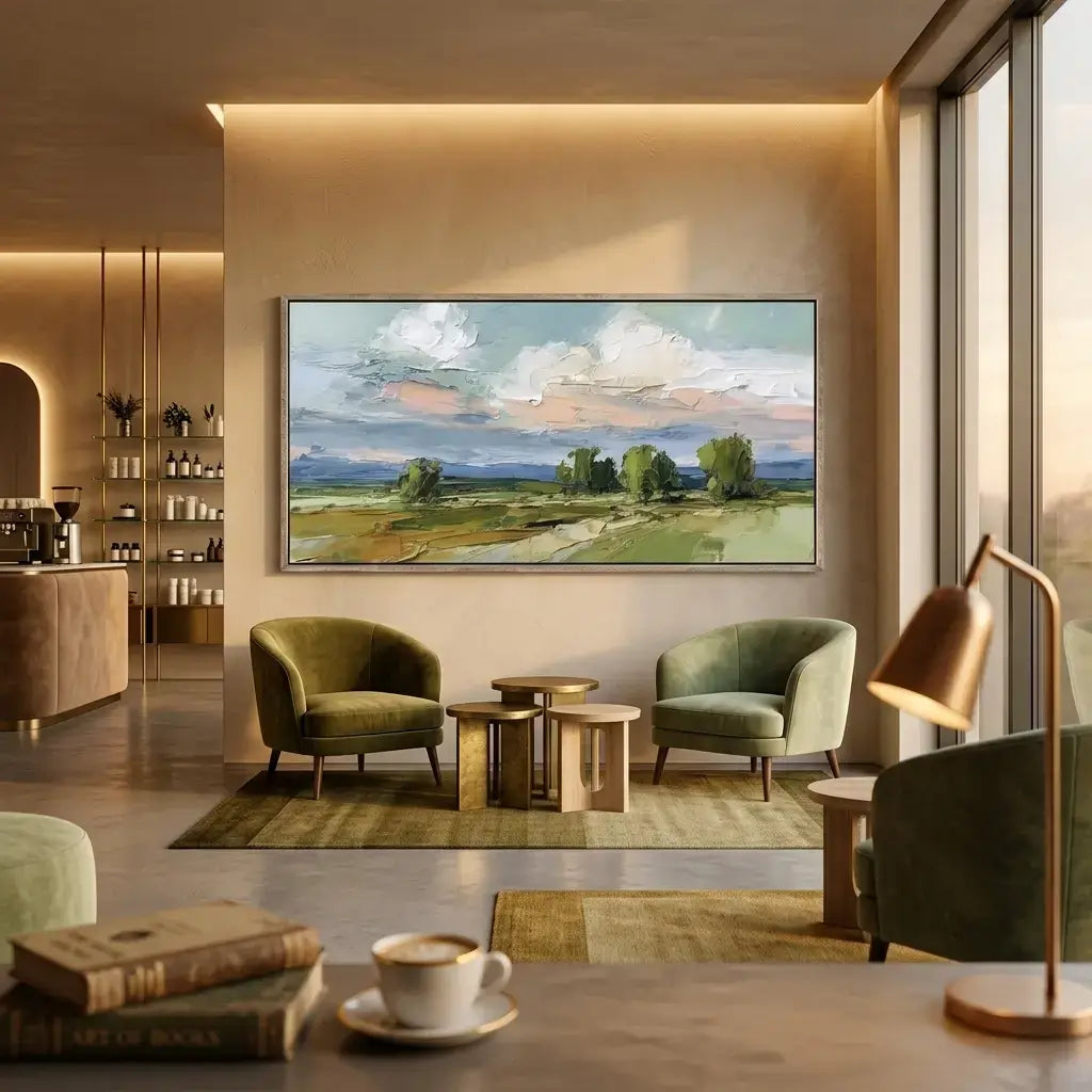 Modern living room with green armchairs, a coffee table, and a large landscape painting on the wall.