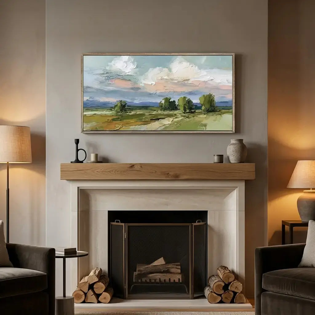 Living room with a fireplace, mantel, and landscape painting on the wall.
