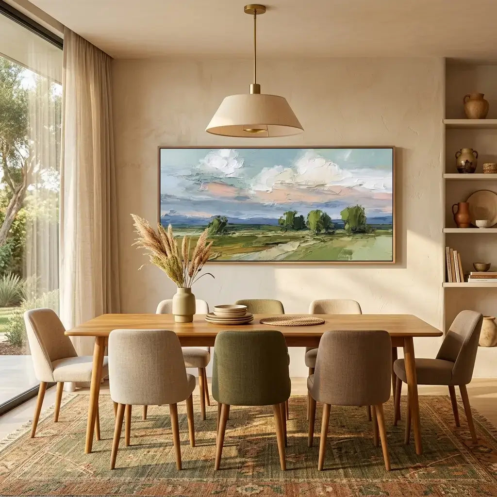 Dining room with wooden table and chairs, large landscape painting on the wall, and a pendant light.