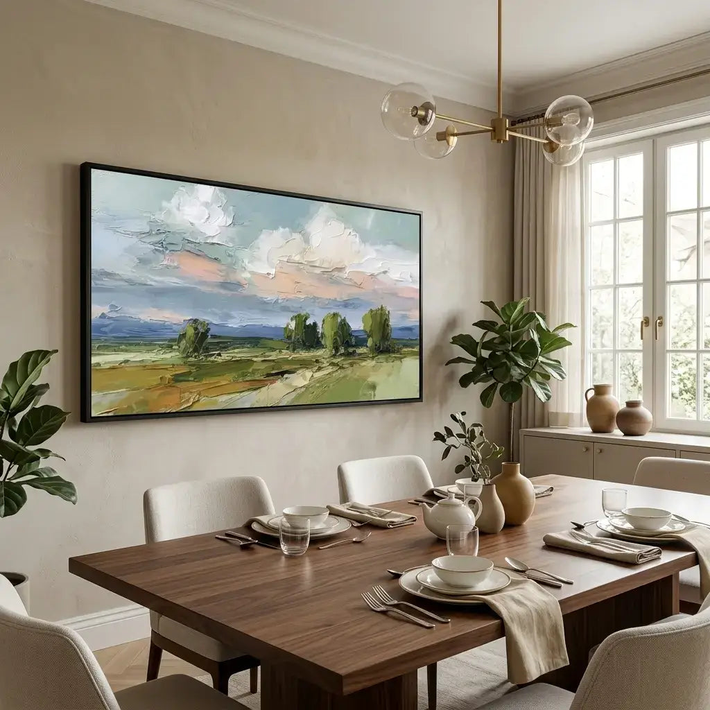 Dining room with a large painting of a landscape on the wall, wooden table set for dinner, and natural light coming through a window.