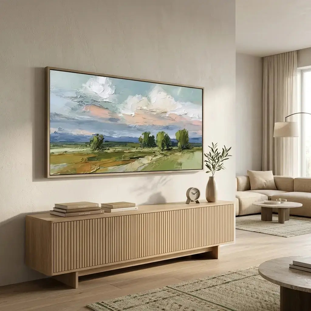 Modern living room with a painting on the wall, a sideboard, and a sofa.