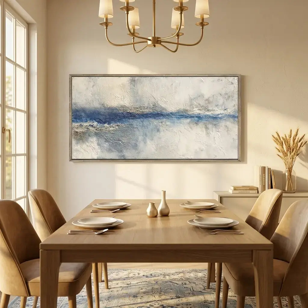 Dining room with wooden table, chairs, and abstract painting on the wall.