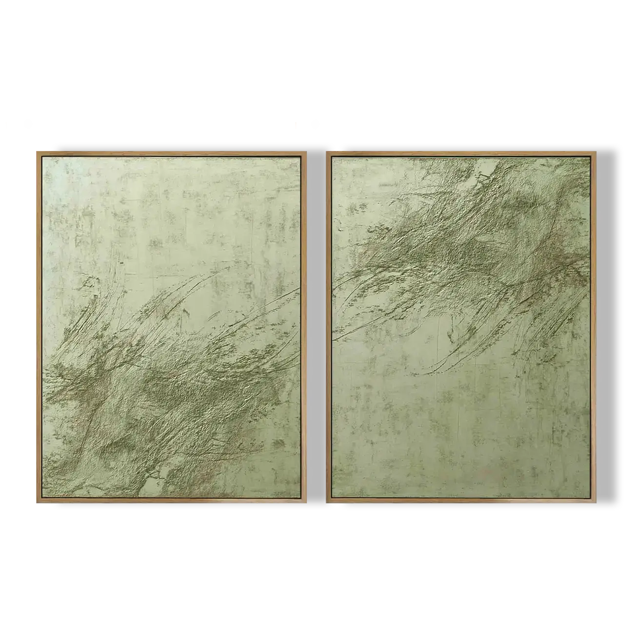 Two abstract art pieces with a greenish-brown color scheme on a white background