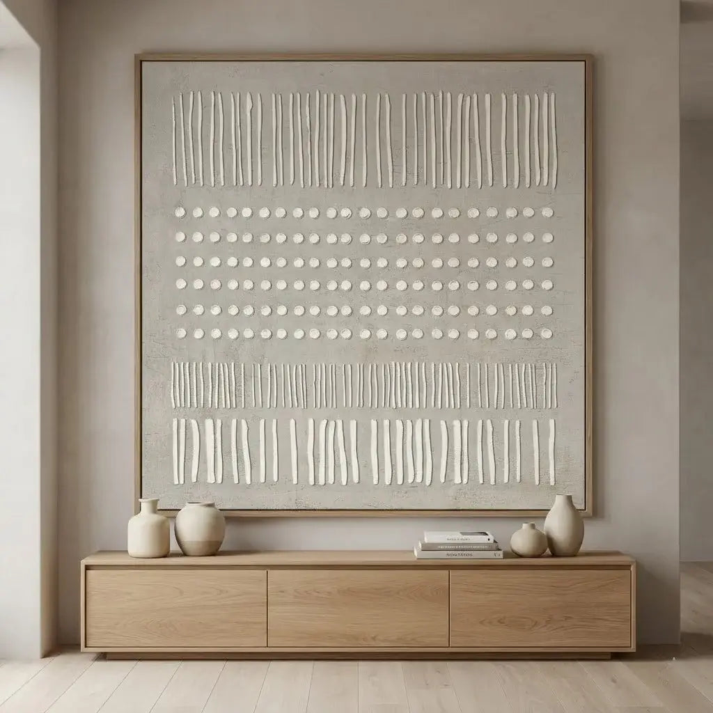 Modern interior with wooden cabinet and abstract wall art