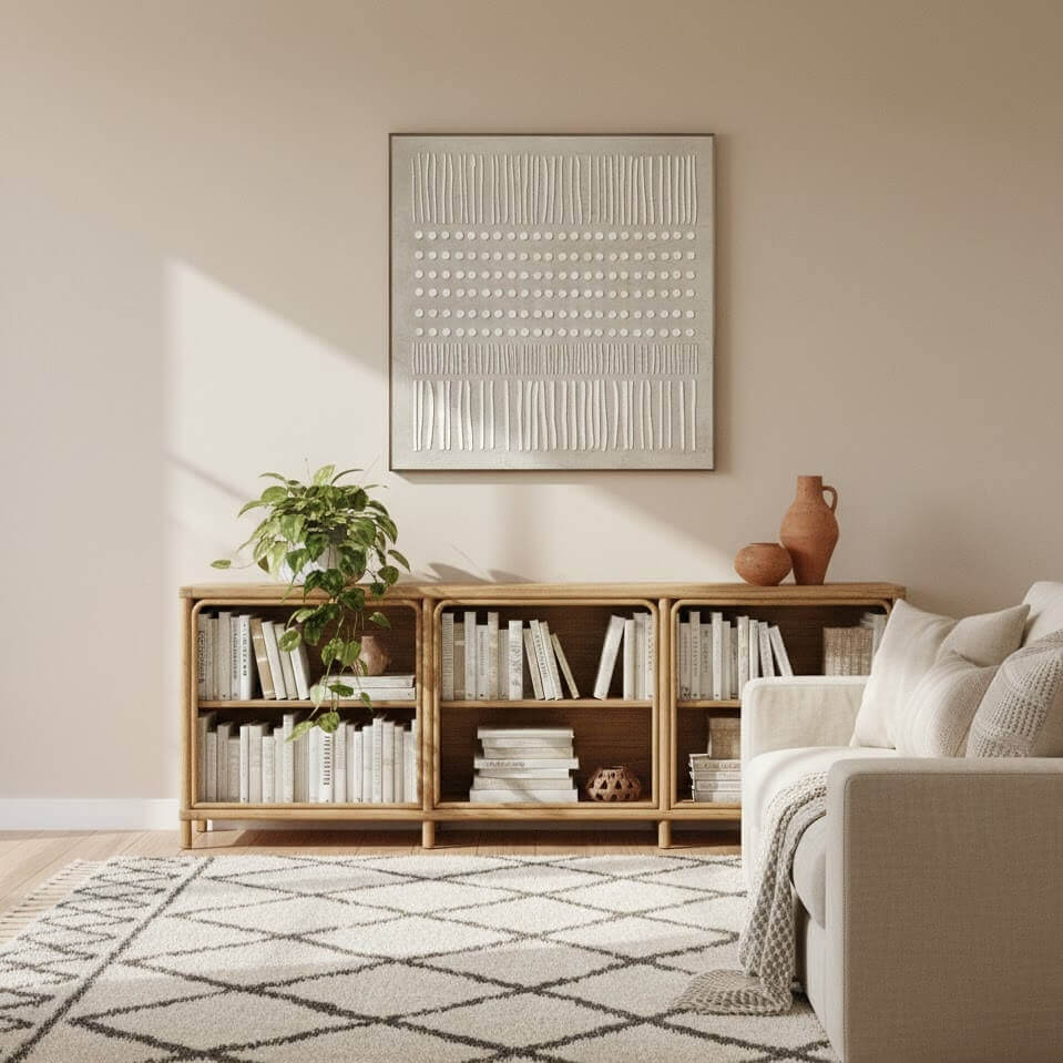 Living room with wooden bookshelf, beige sofa, and decorative items.