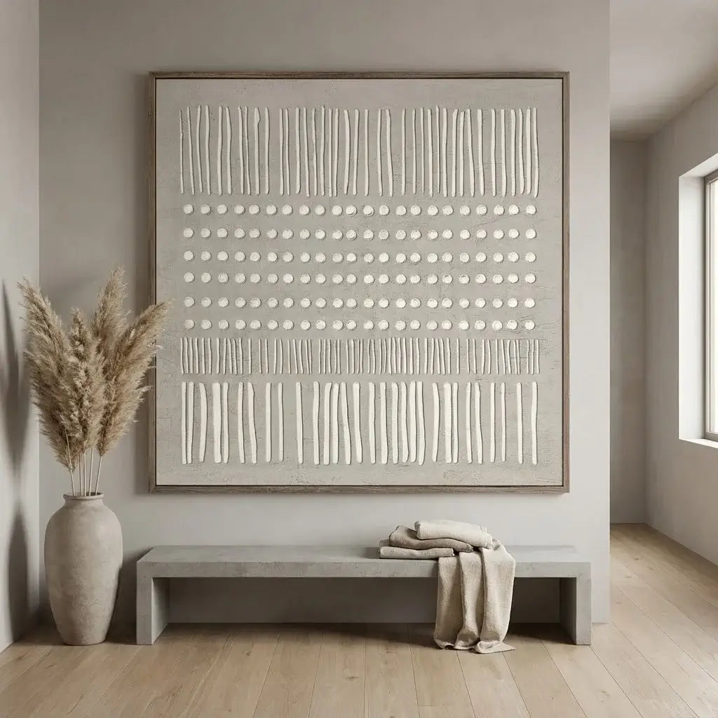 Modern interior with abstract wall art, bench, and vase.