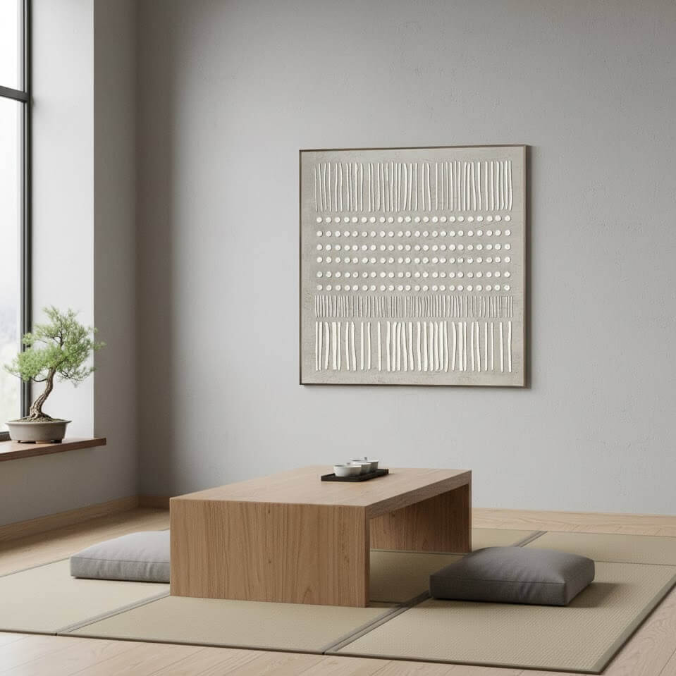 Minimalist room with a wooden table, cushions, and a wall art piece.