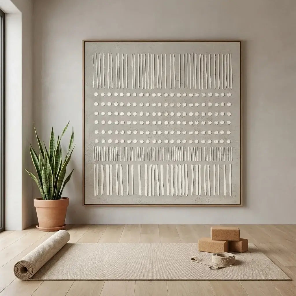 Yoga mat, blocks, and a plant in a minimalistic room with abstract wall art.