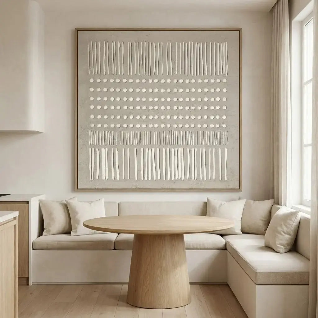 Modern living room with a beige sectional sofa, wooden table, and abstract wall art.