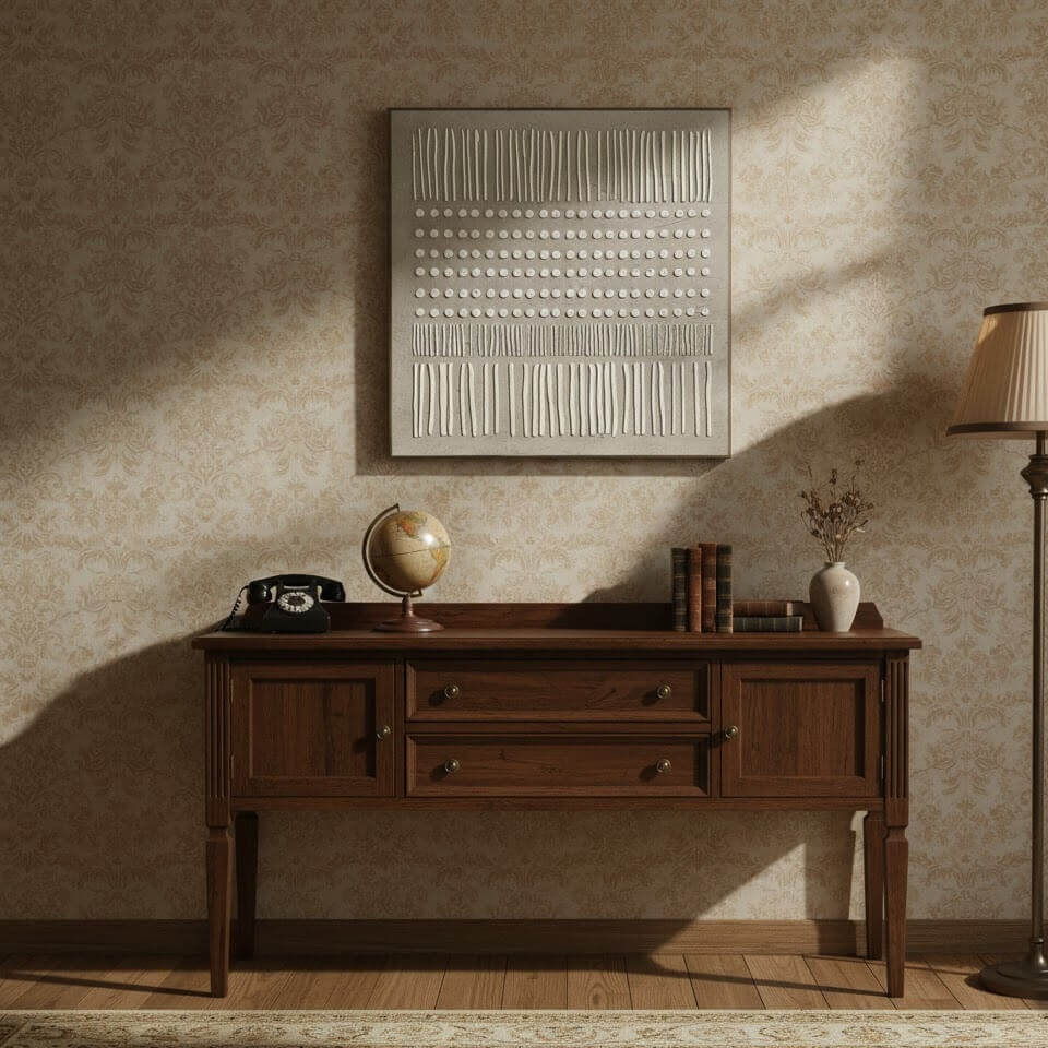Wooden console table with decorative items against a textured wall.