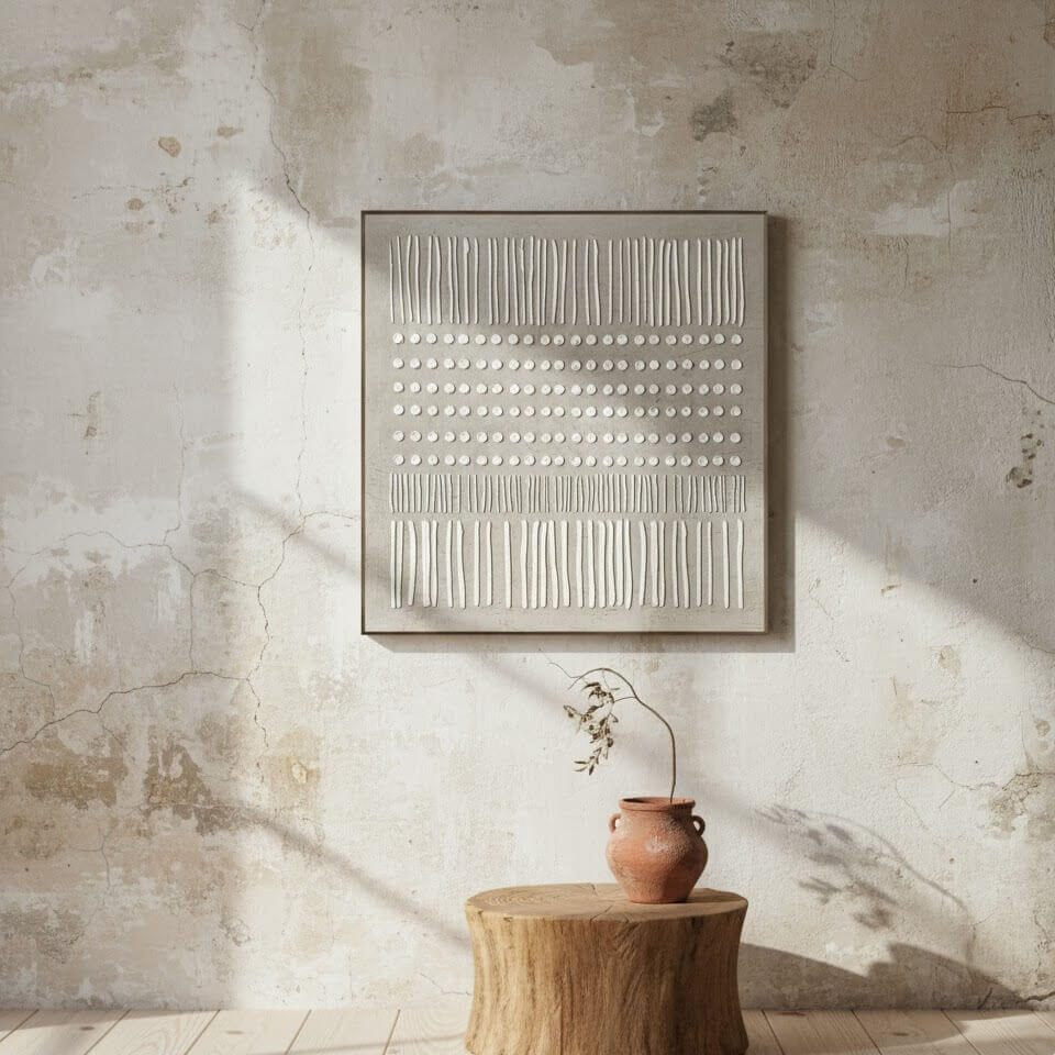 Abstract wall art on a textured wall with a wooden stool and vase.