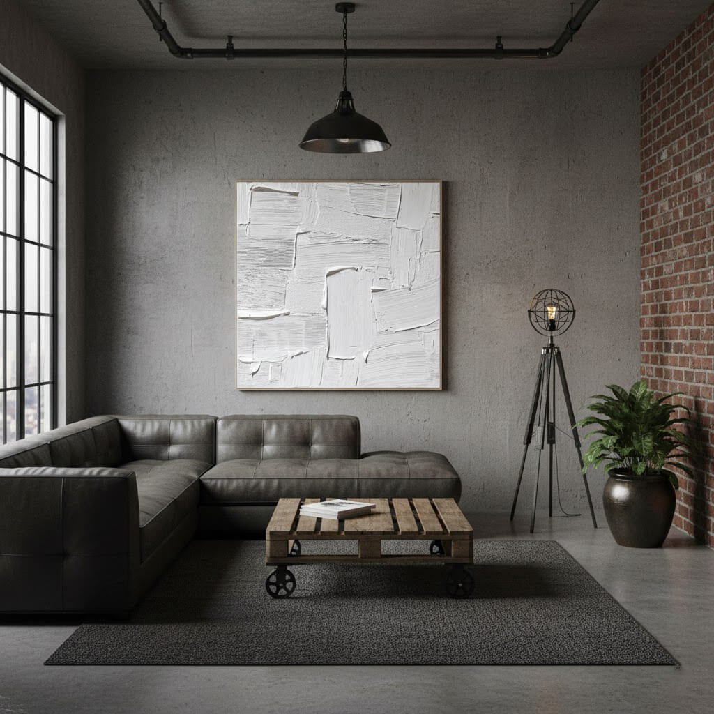 Modern living room with a gray sofa, wooden coffee table, and abstract art on the wall.