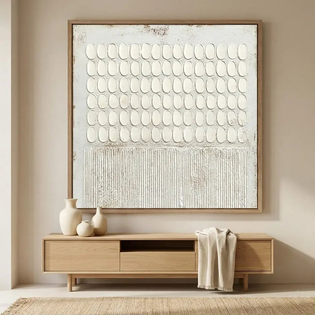 Wooden console table with decorative vases and a large abstract painting on a beige wall.