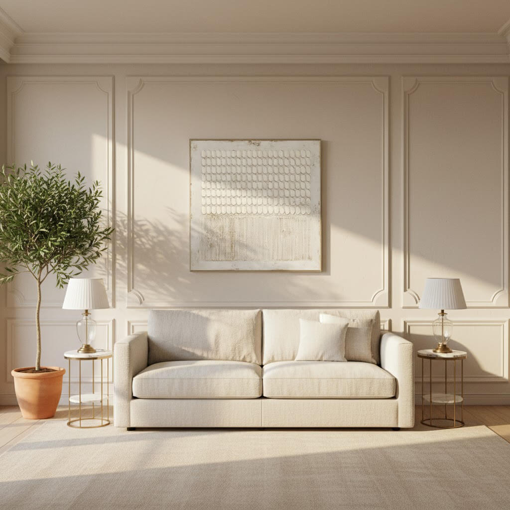 Beige sofa in a living room with a plant and side tables.