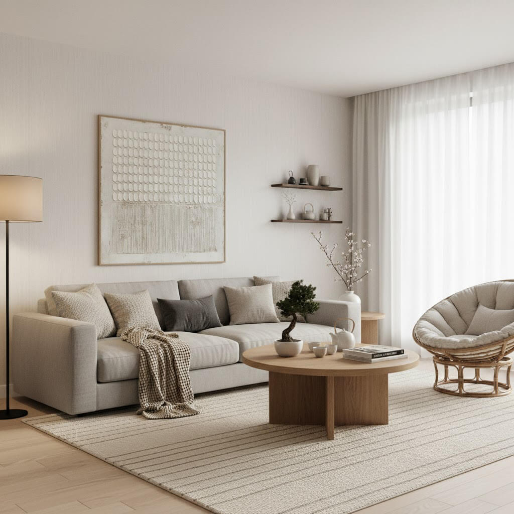 Modern living room with a beige sofa, wooden coffee table, and decorative items.