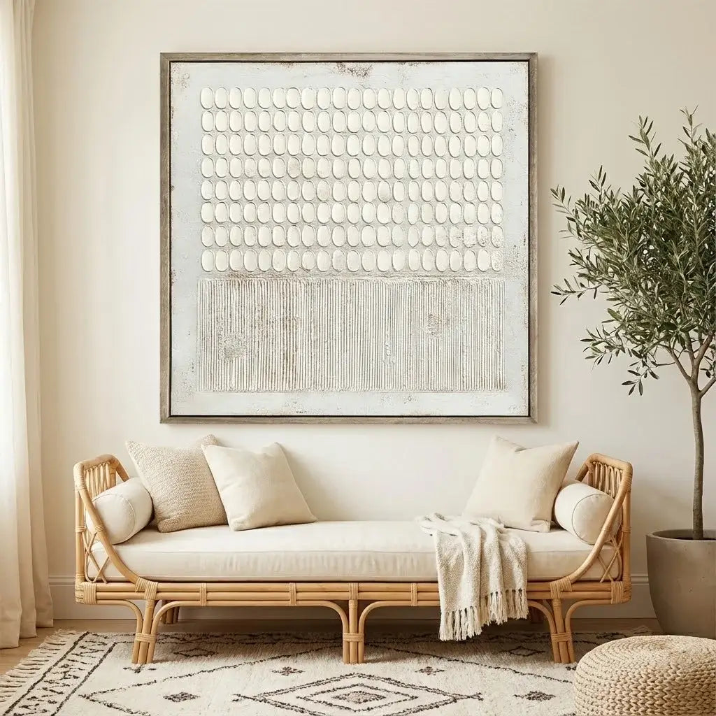 Living room with a wicker sofa, framed artwork, and a potted plant.