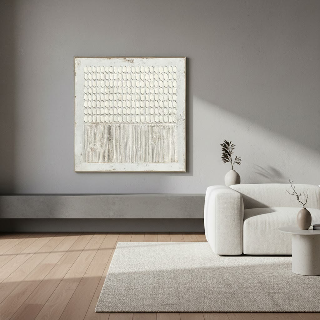 Modern living room with a textured wall art piece, white sofa, and minimal decor.