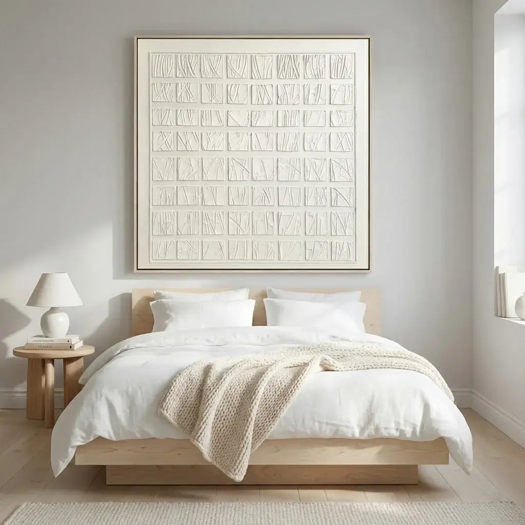 Neatly made bed with white bedding and a beige blanket in a bedroom setting.