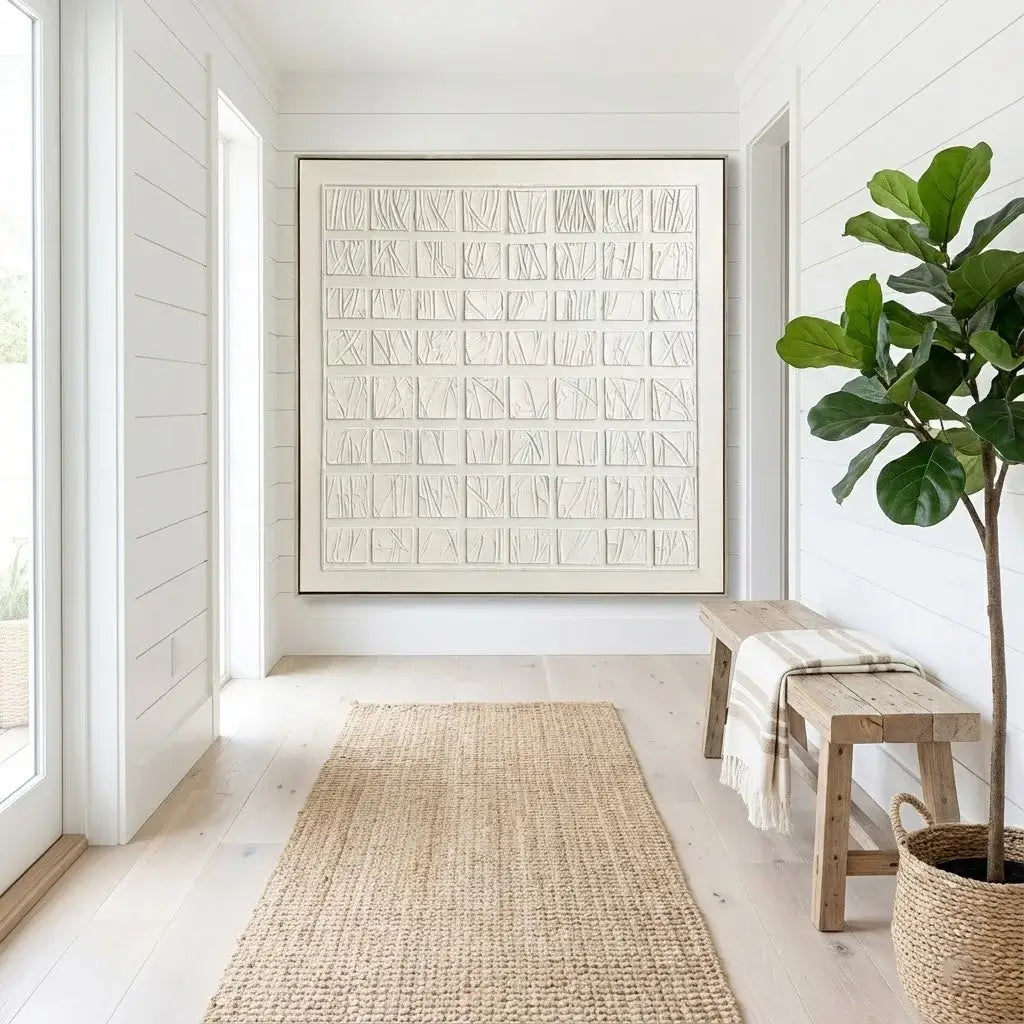 Nautical-themed room with a textured wall art piece, woven rug, wooden bench, and potted plant.