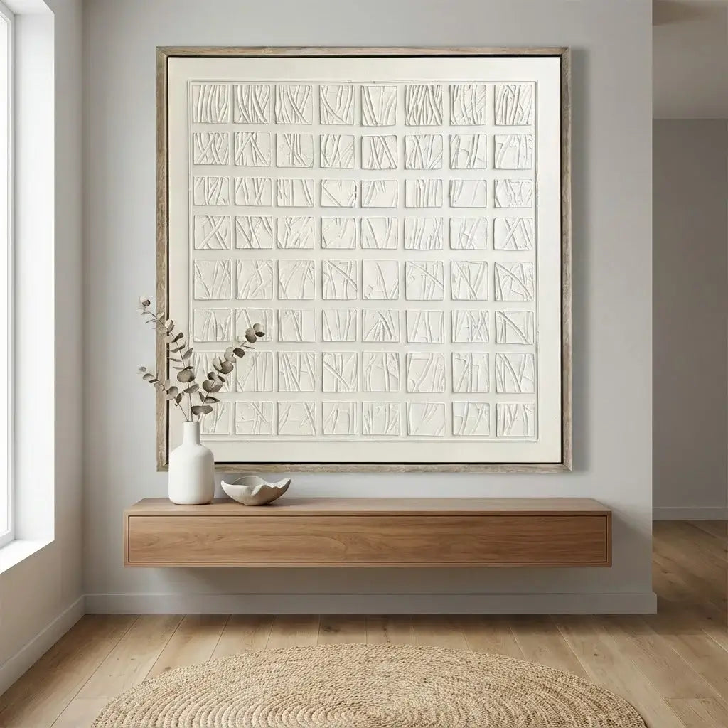 Framed abstract art on a wall above a wooden console table with decorative items.