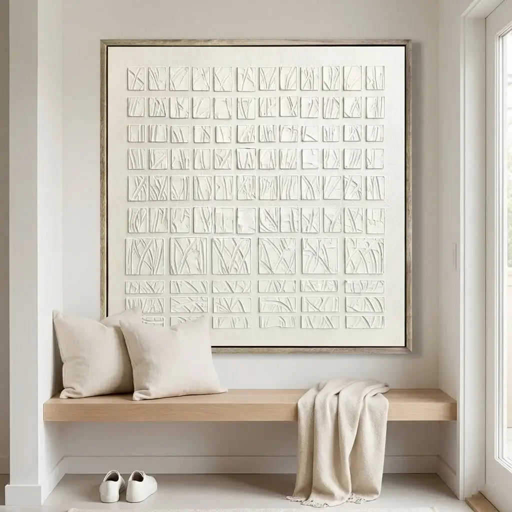 Modern interior with a wooden bench, pillows, and a textured wall art piece.