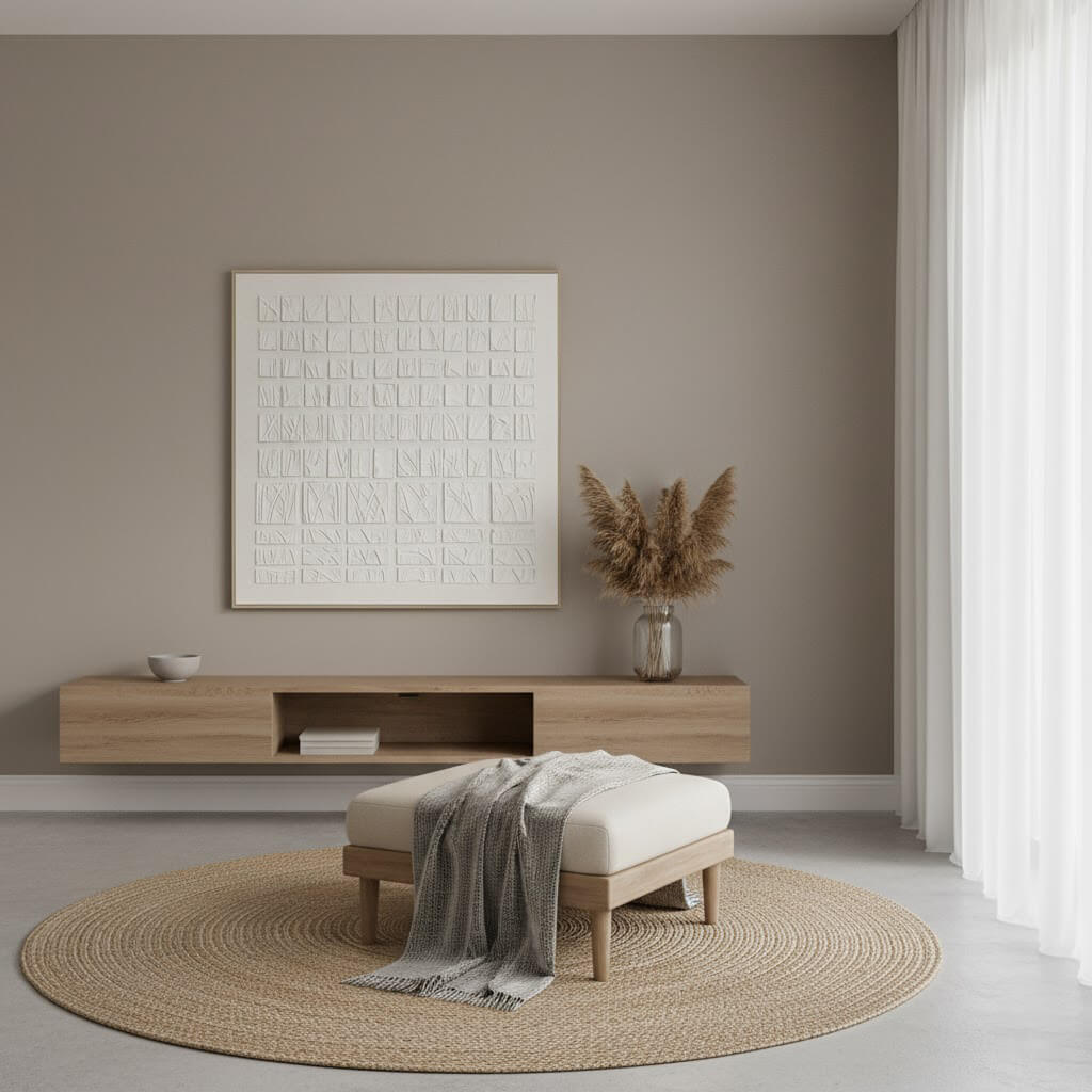 Modern living room with wooden console table, ottoman, and decorative elements.