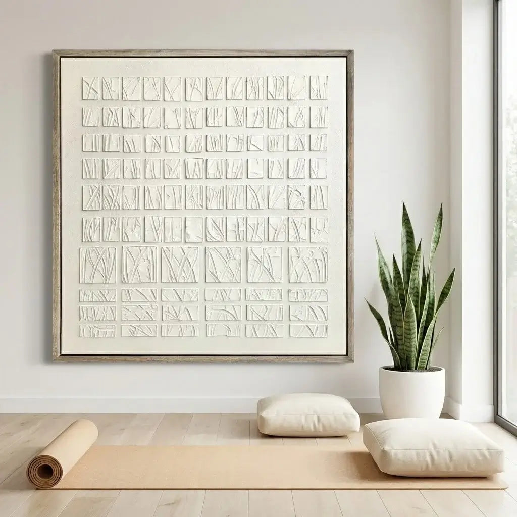 Framed abstract artwork on a wall with a plant and yoga mat in the foreground.
