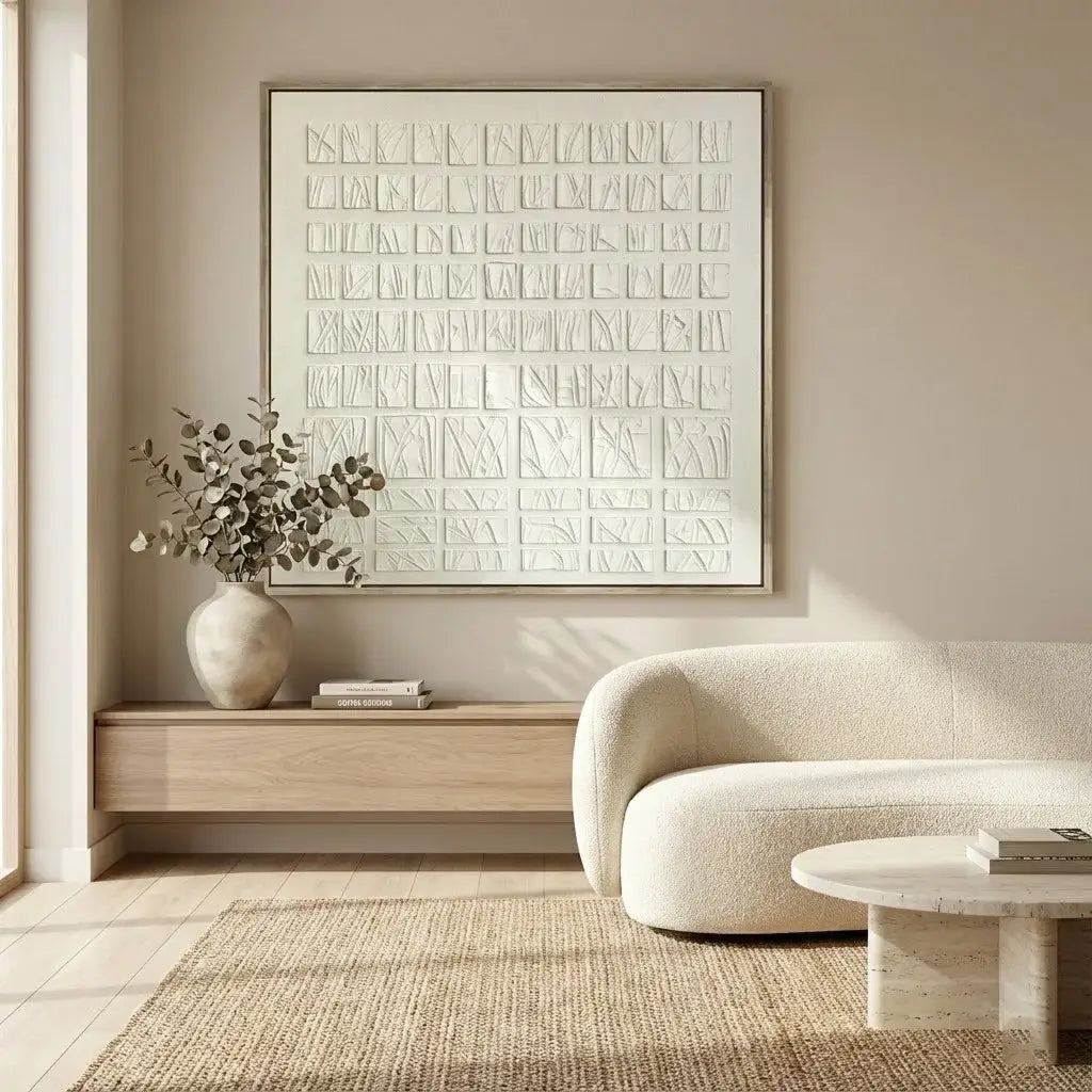 Modern living room with a framed abstract artwork, vase with plants, and a sofa.