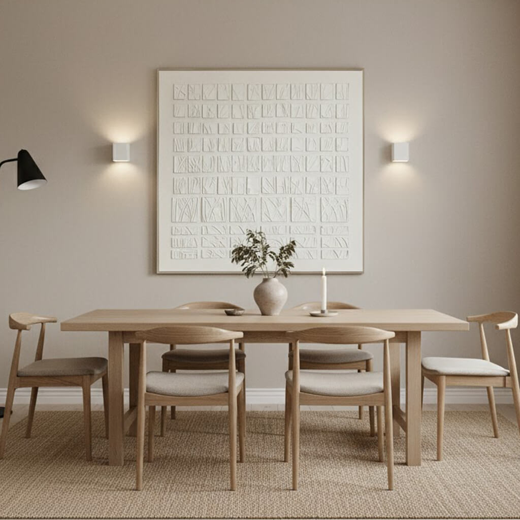 Dining room with wooden table and chairs, framed artwork on the wall.