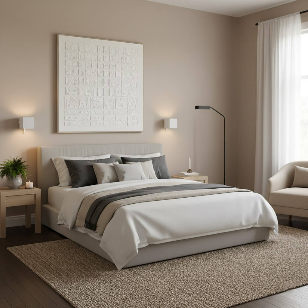 Modern bedroom with a bed, nightstands, and wall art.