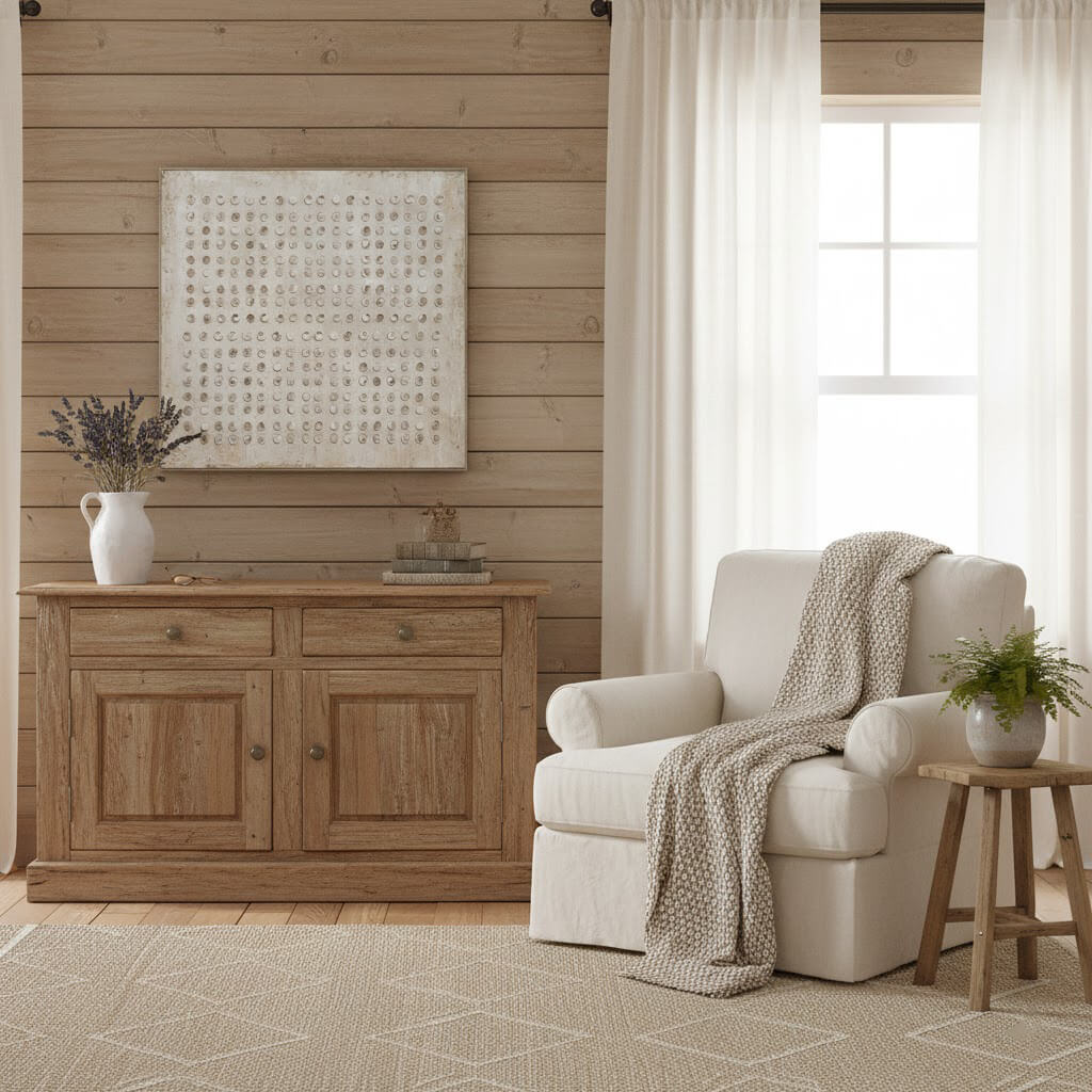 Living room with wooden sideboard, beige armchair, and decorative elements.