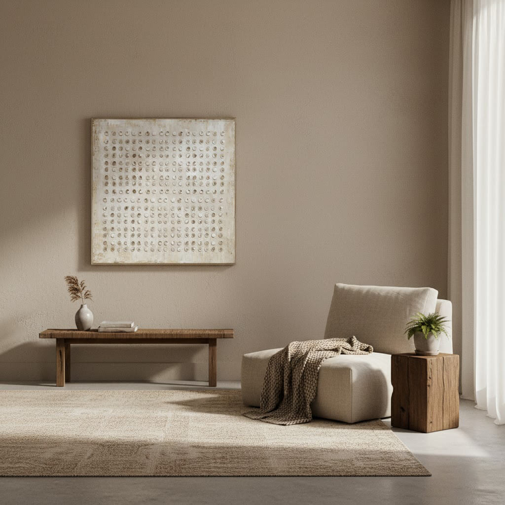 Modern living room with a beige armchair, wooden coffee table, and abstract art on the wall.