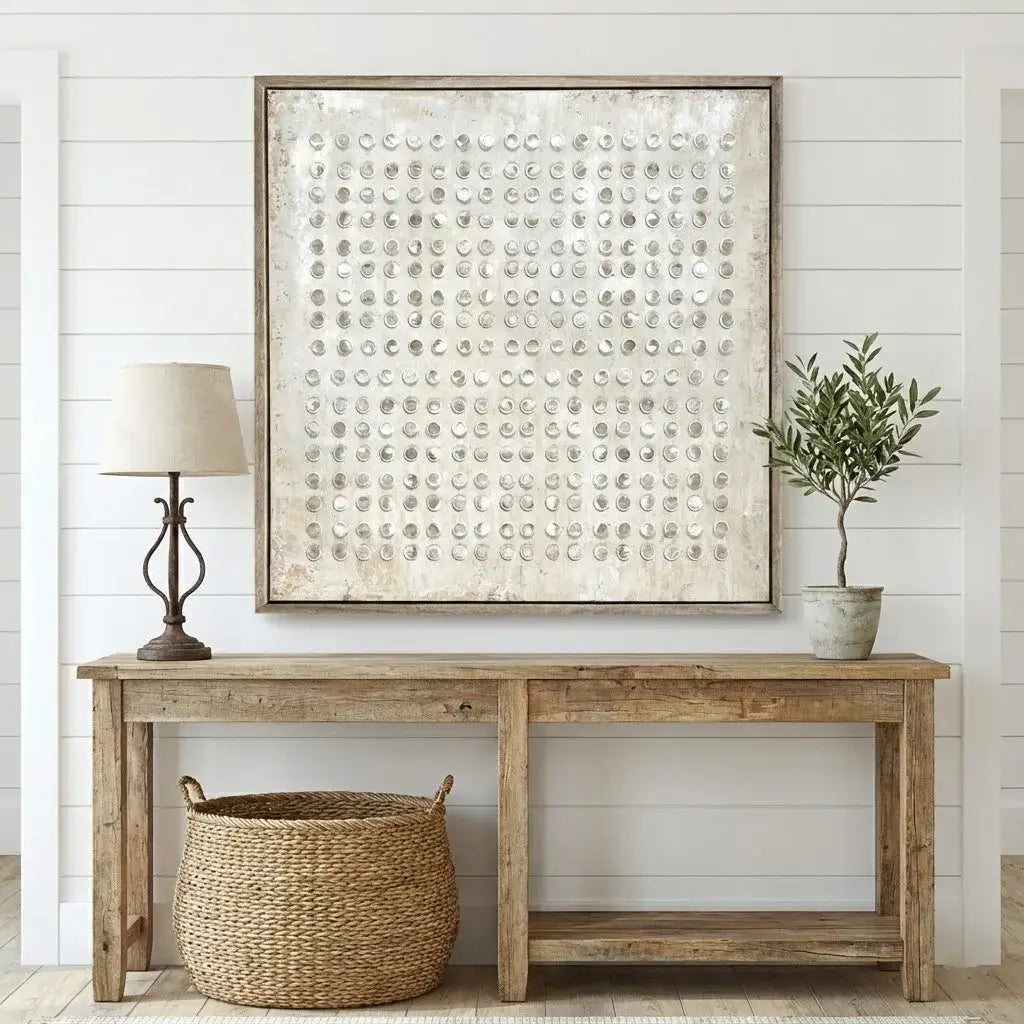 Wooden console table with decorative items against a white wall