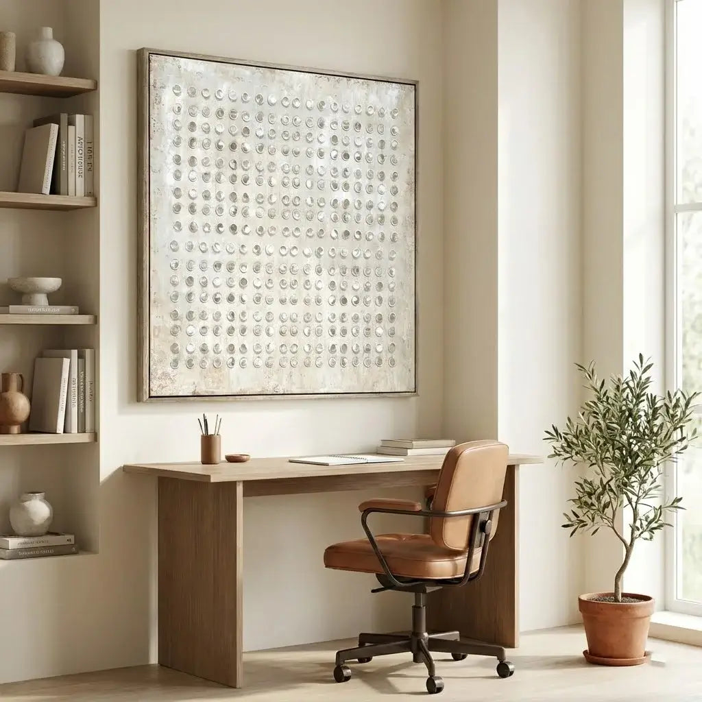 Home office with a desk, chair, and decorative elements.