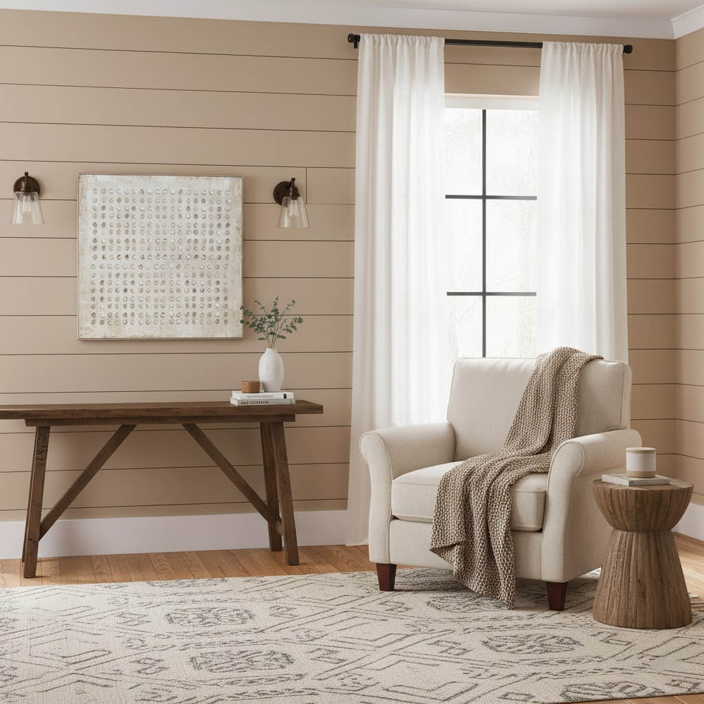 Cozy living room with beige armchair, wooden table, and decorative elements.