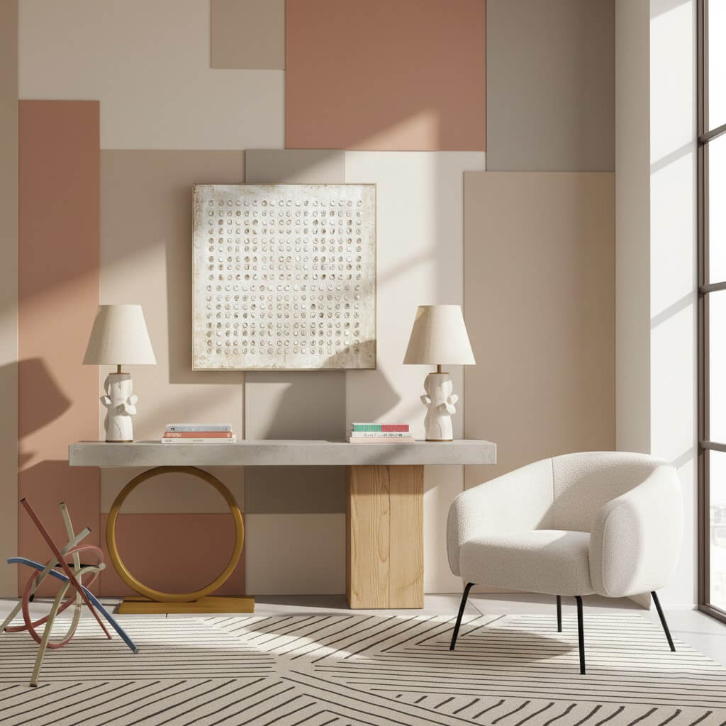 Modern interior with a console table, chair, and abstract art on a patterned wall.