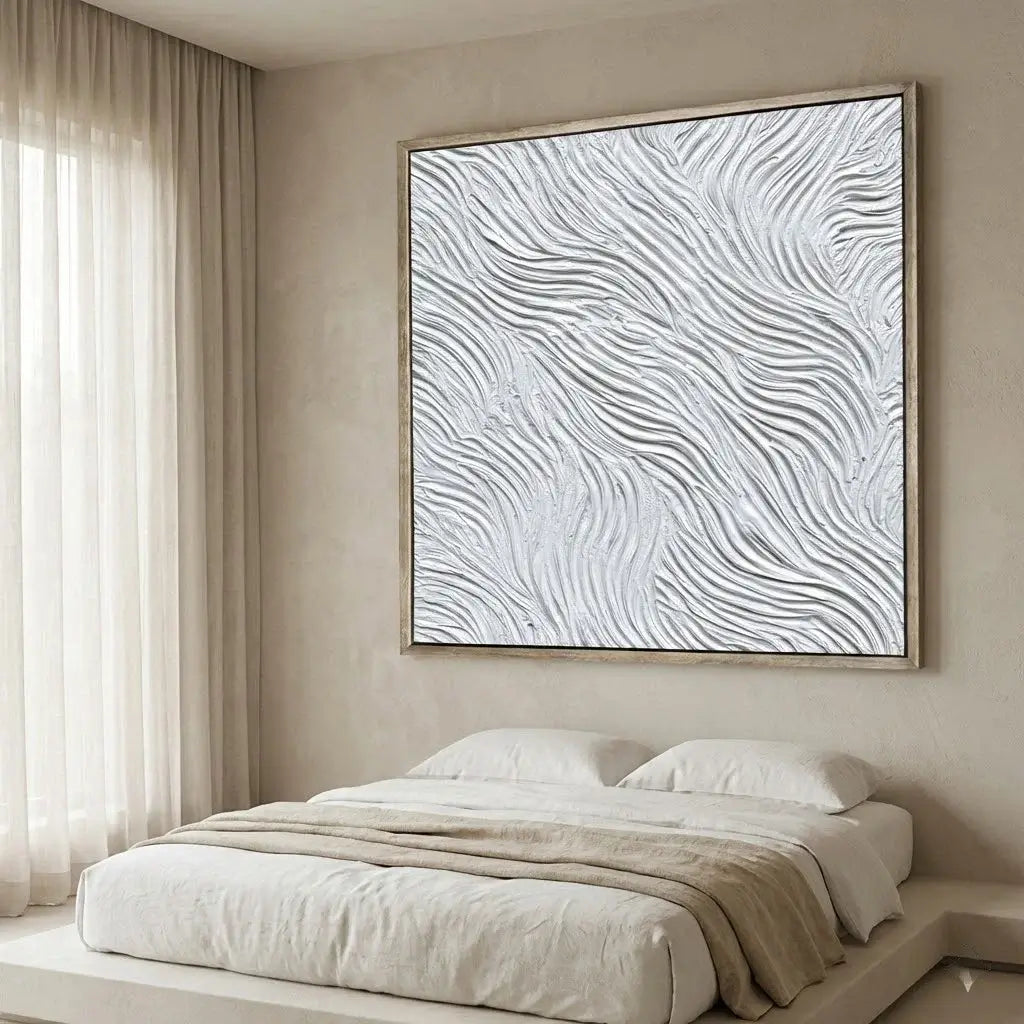 Modern bedroom with abstract wall art and neutral decor
