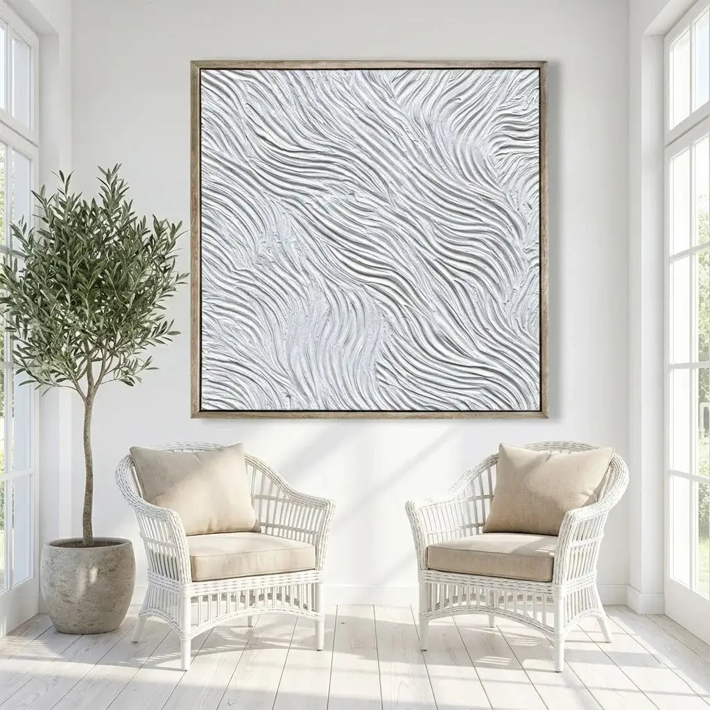 Two white chairs with beige cushions in a room with a large abstract painting on the wall.