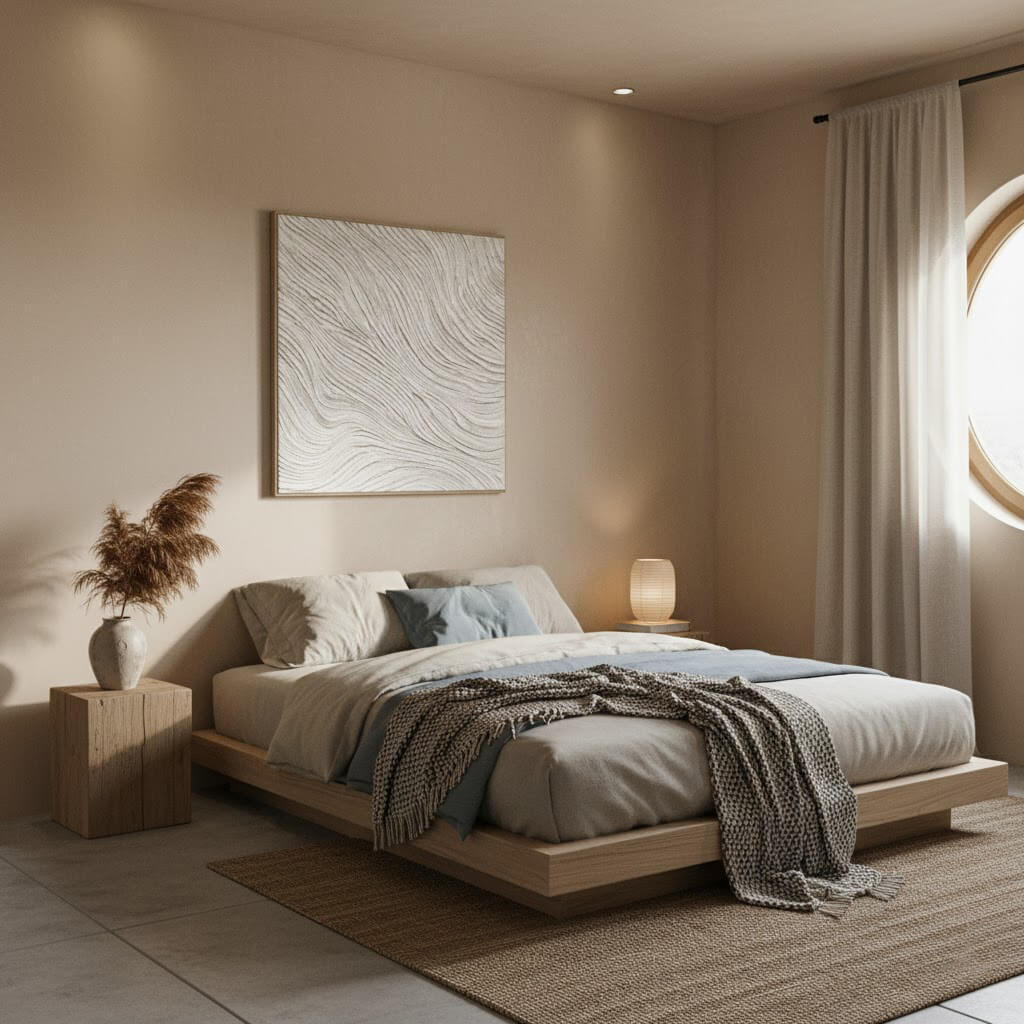 Modern bedroom with a bed, side tables, and decorative elements.
