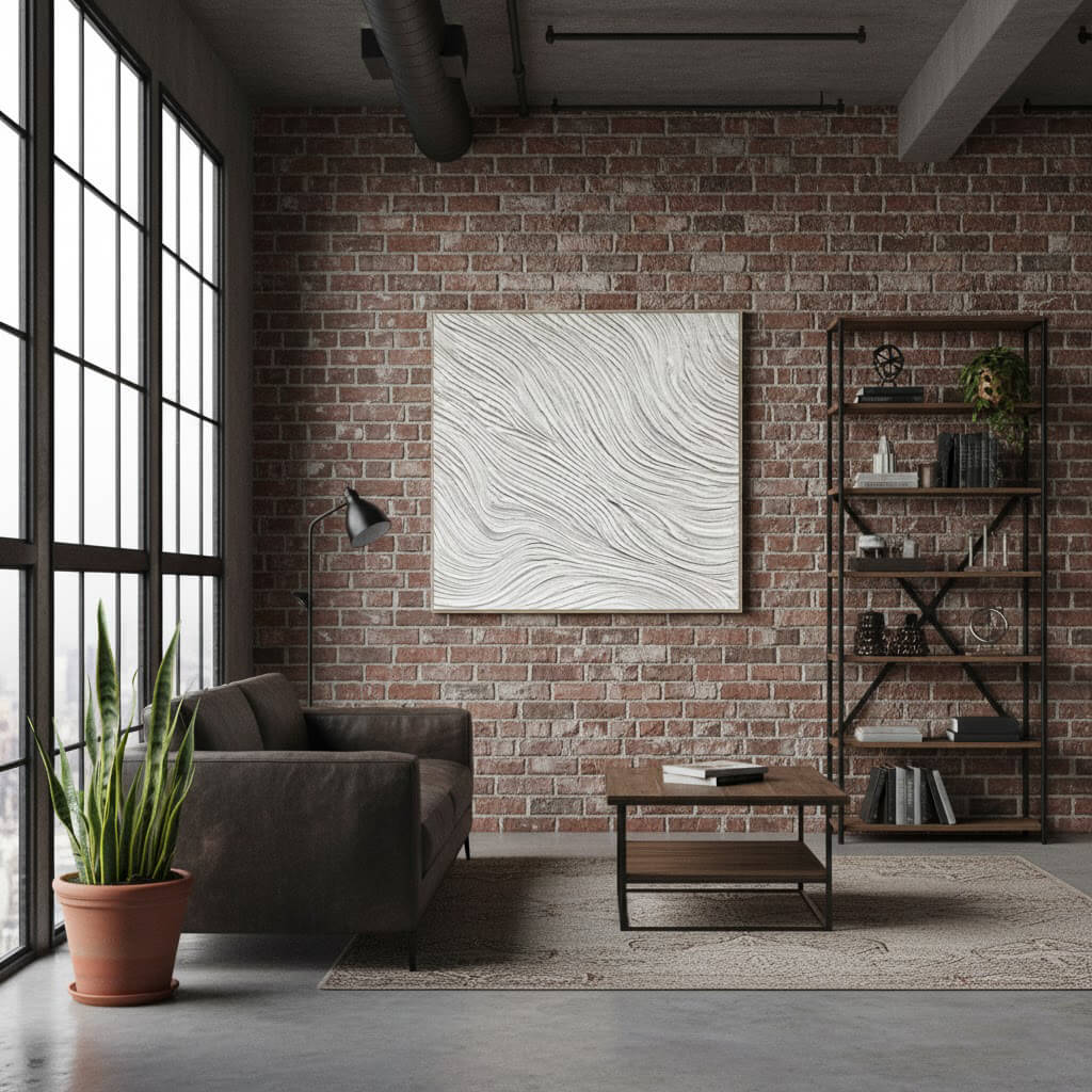 Modern living room with brick wall, sofa, coffee table, and bookshelf.
