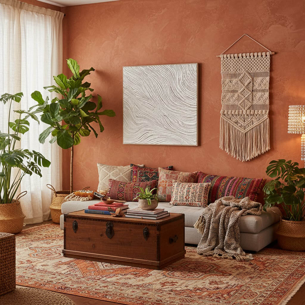 Cozy living room with a brown wall, colorful sofa, wooden coffee table, and decorative elements.