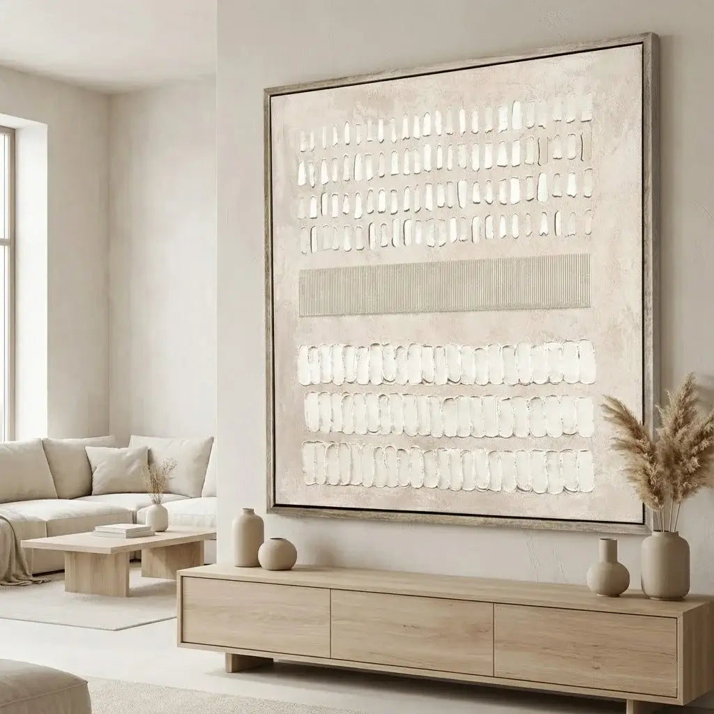 Modern living room with a large abstract painting on the wall, wooden console table, and decorative items.