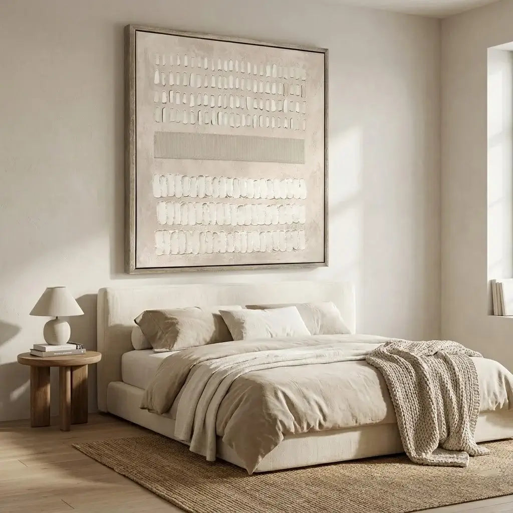 Neatly made bed in a bedroom with abstract art on the wall.