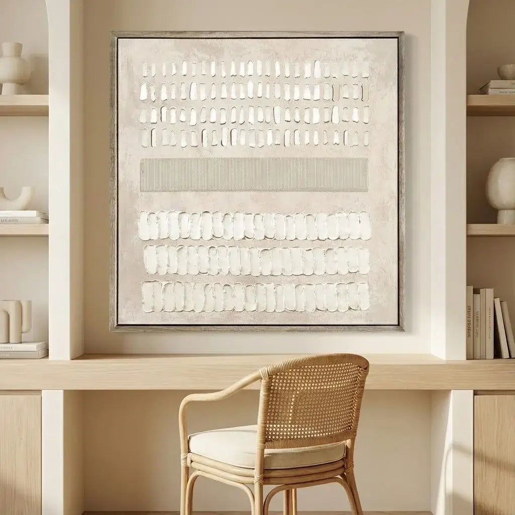 Modern interior with a framed abstract artwork on a wall above a desk and chair.