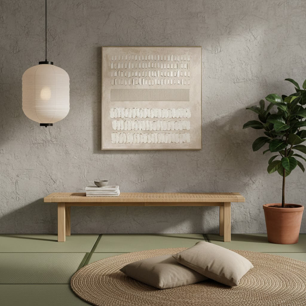 Modern interior with a wooden bench, round rug, and decorative plant against a textured wall.